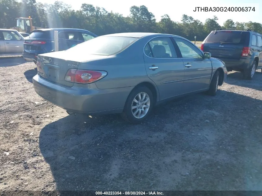 2004 Lexus Es 330 VIN: JTHBA30G240006374 Lot: 40223354