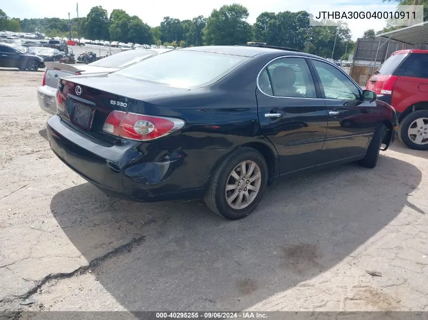 2004 Lexus Es 330 VIN: JTHBA30G040010911 Lot: 40295255