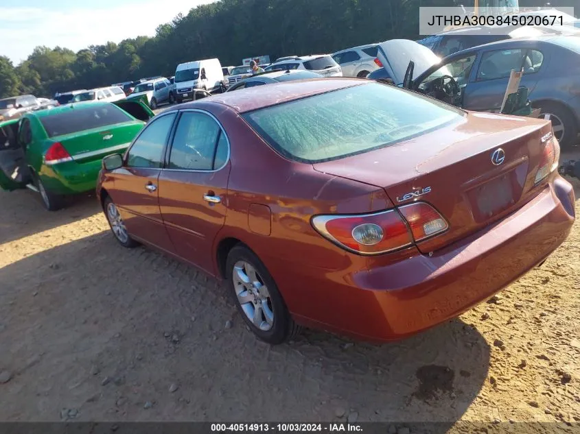 2004 Lexus Es 330 VIN: JTHBA30G845020671 Lot: 40514913