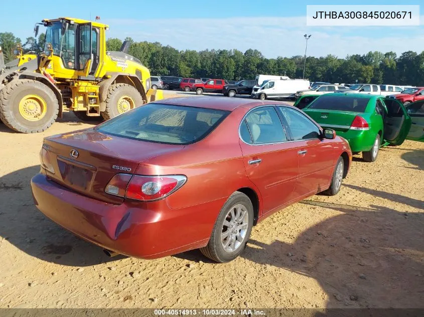 2004 Lexus Es 330 VIN: JTHBA30G845020671 Lot: 40514913