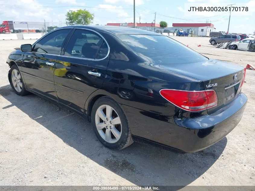 2006 Lexus Es 330 VIN: JTHBA30G265170178 Lot: 39856495