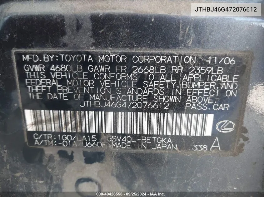 JTHBJ46G472076612 2007 Lexus Es 350