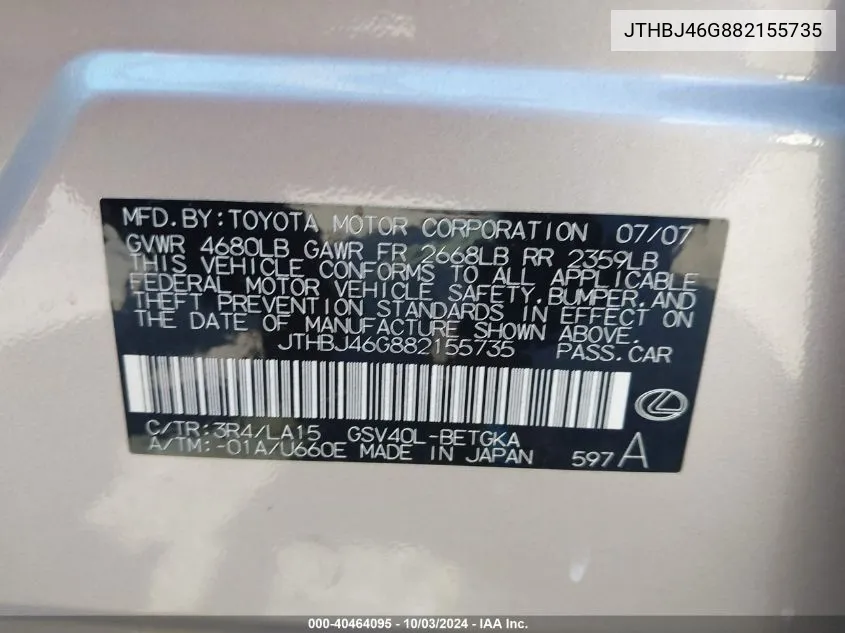 JTHBJ46G882155735 2008 Lexus Es 350