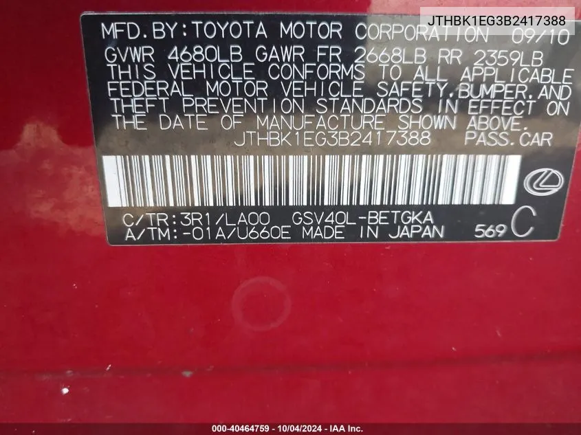 JTHBK1EG3B2417388 2011 Lexus Es 350