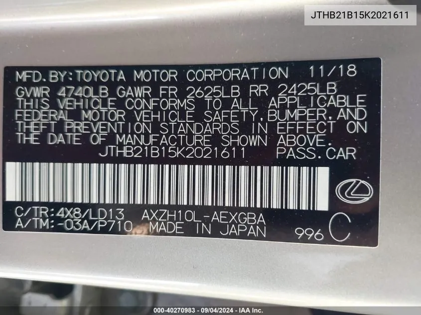 JTHB21B15K2021611 2019 Lexus Es 300H