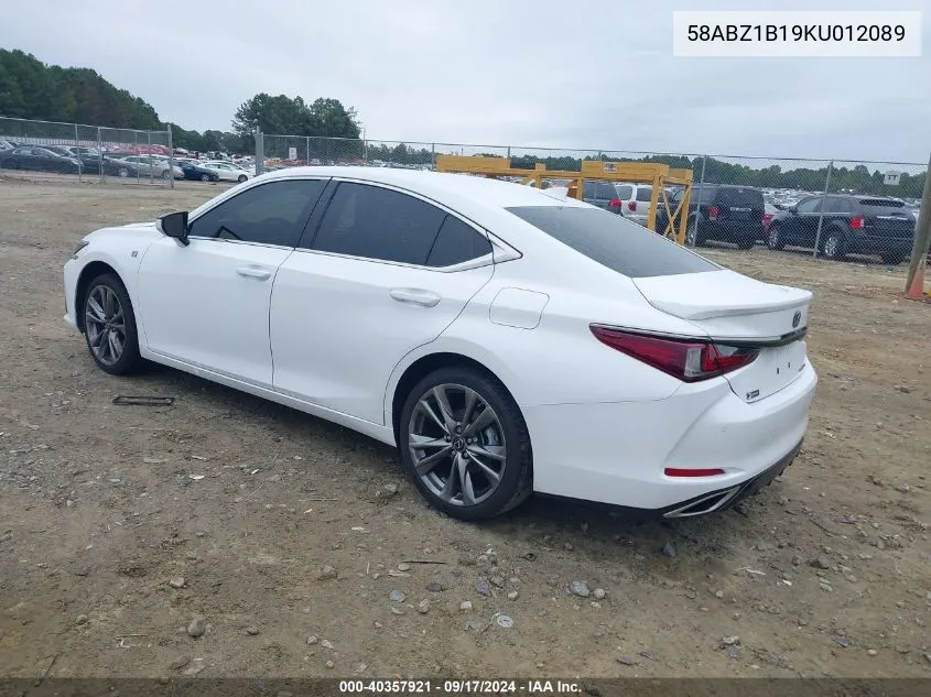 2019 Lexus Es 350 F Sport VIN: 58ABZ1B19KU012089 Lot: 40357921