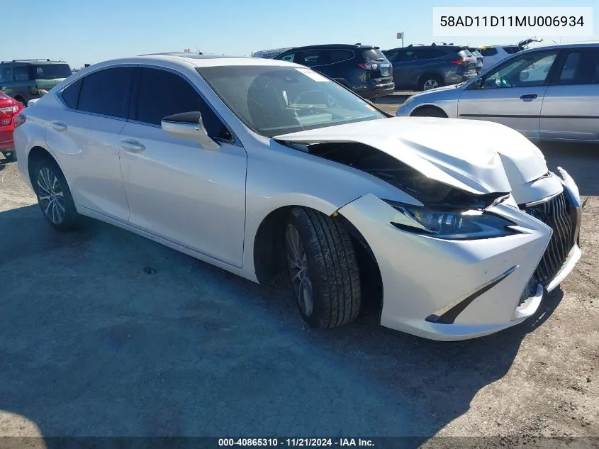 2021 Lexus Es 250 Base/250 Luxury/250 Ultra Luxury/250 F Sport VIN: 58AD11D11MU006934 Lot: 40865310