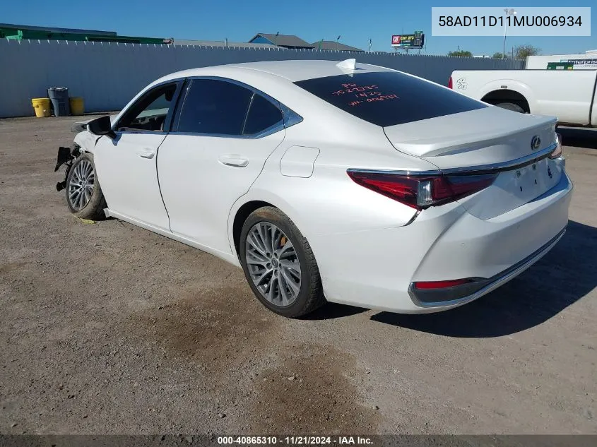 2021 Lexus Es 250 Base/250 Luxury/250 Ultra Luxury/250 F Sport VIN: 58AD11D11MU006934 Lot: 40865310