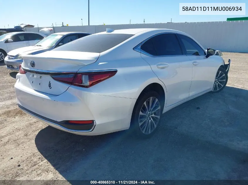 2021 Lexus Es 250 Base/250 Luxury/250 Ultra Luxury/250 F Sport VIN: 58AD11D11MU006934 Lot: 40865310