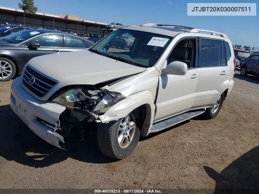 2003 Lexus Gx 470 VIN: JTJBT20X030007511 Lot: 40378213