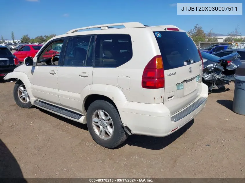 2003 Lexus Gx 470 VIN: JTJBT20X030007511 Lot: 40378213