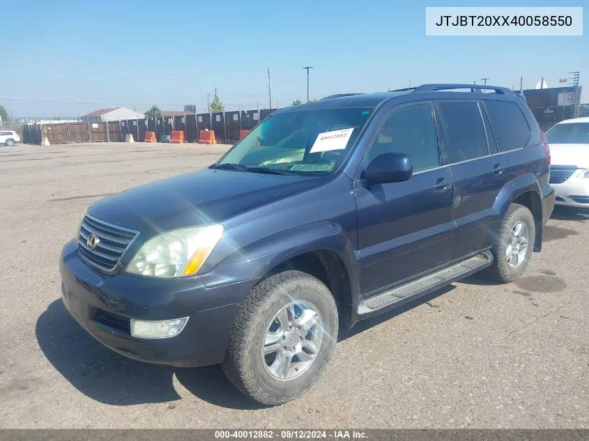 2004 Lexus Gx 470 VIN: JTJBT20XX40058550 Lot: 40012882