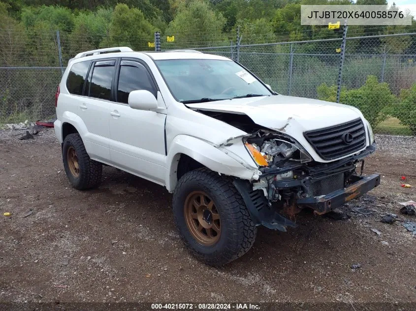 2004 Lexus Gx 470 VIN: JTJBT20X640058576 Lot: 40215072