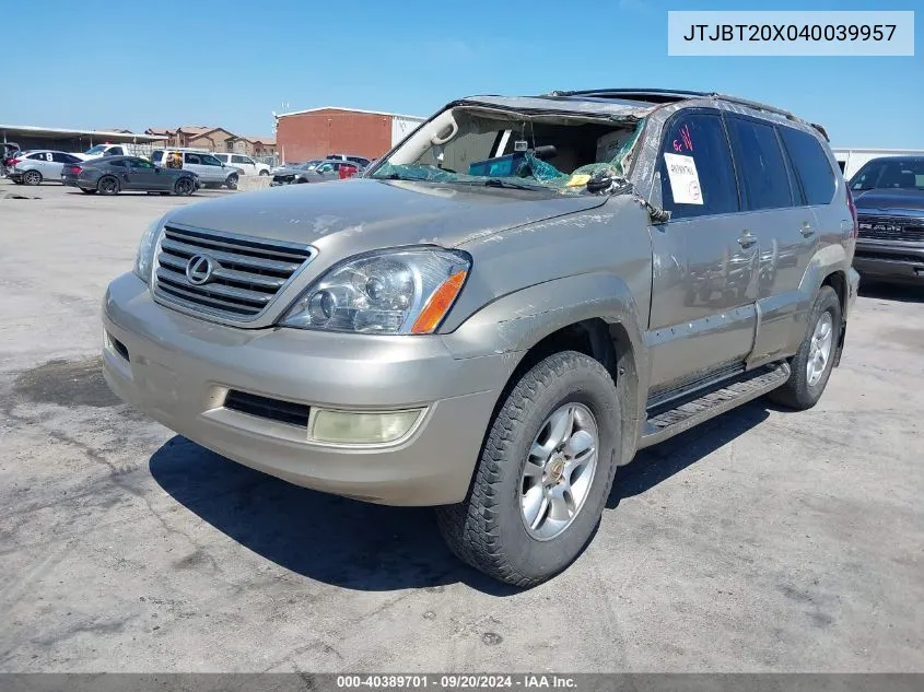 2004 Lexus Gx 470 VIN: JTJBT20X040039957 Lot: 40389701