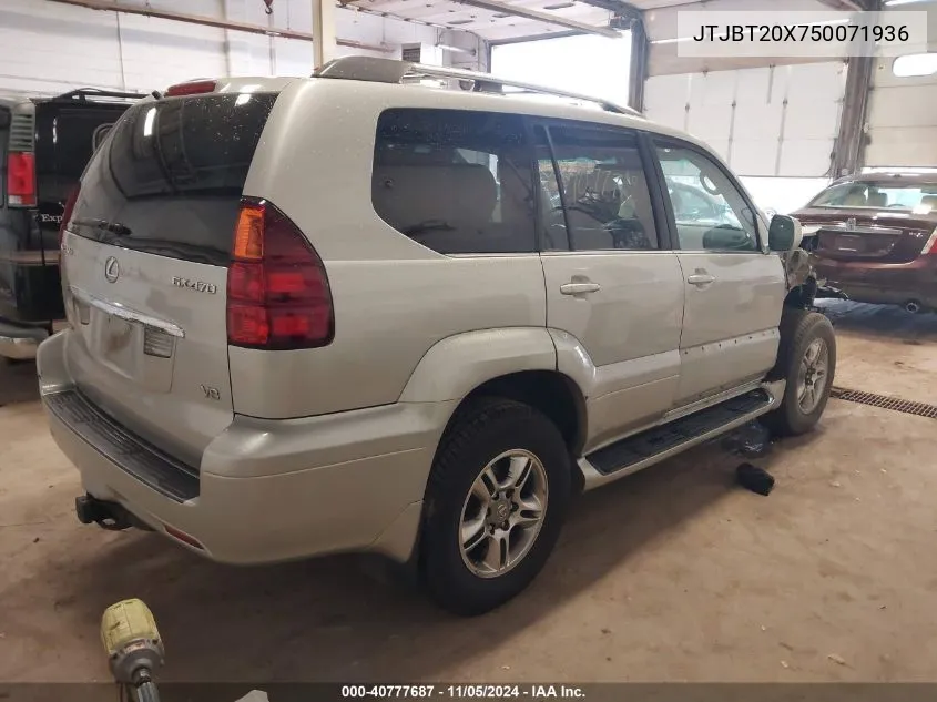 2005 Lexus Gx 470 VIN: JTJBT20X750071936 Lot: 40777687