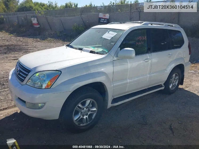 2006 Lexus Gx 470 VIN: JTJBT20X360104514 Lot: 40481868