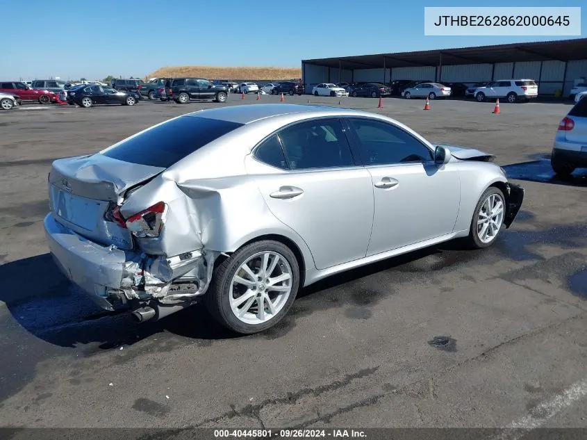 2006 Lexus Is 350 VIN: JTHBE262862000645 Lot: 40445801