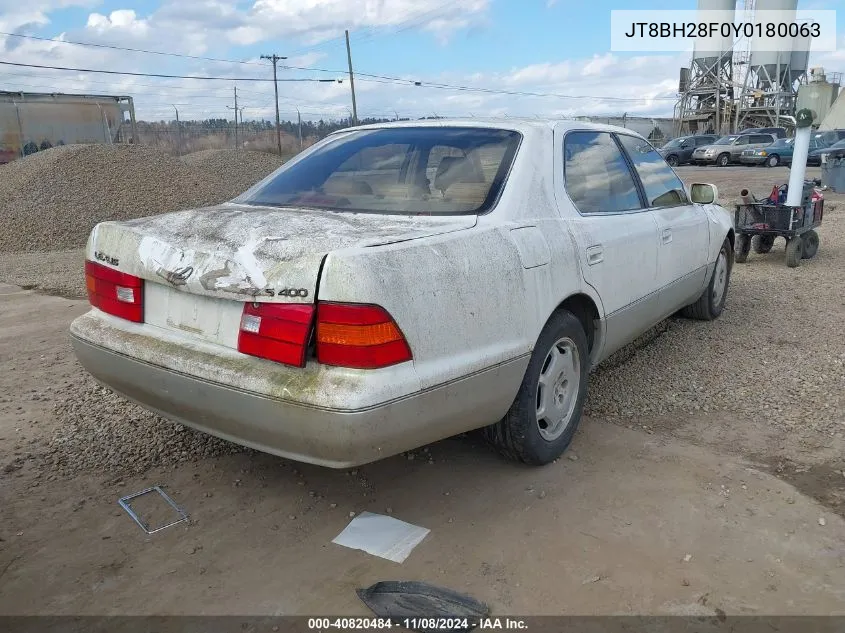 2000 Lexus Ls 400 VIN: JT8BH28F0Y0180063 Lot: 40820484