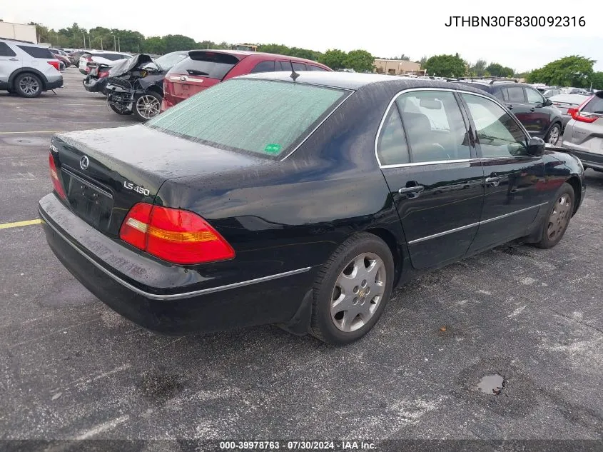 2003 Lexus Ls 430 VIN: JTHBN30F830092316 Lot: 39978763