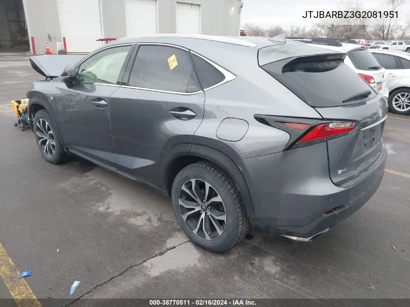 2016 Lexus Nx 200T F Sport VIN: JTJBARBZ3G2081951 Lot: 38770511