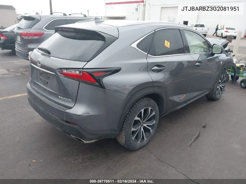 2016 Lexus Nx 200T F Sport VIN: JTJBARBZ3G2081951 Lot: 38770511