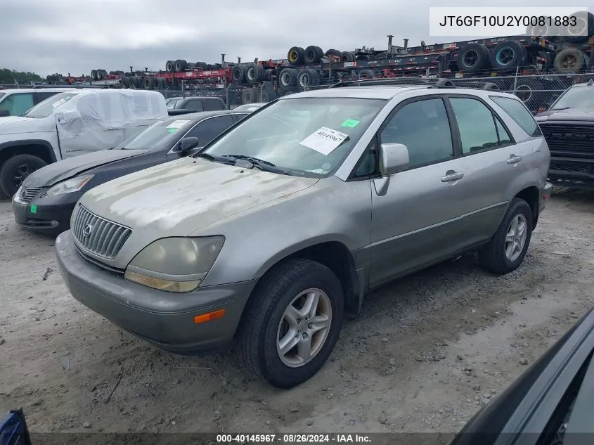 2000 Lexus Rx 300 VIN: JT6GF10U2Y0081883 Lot: 40145967