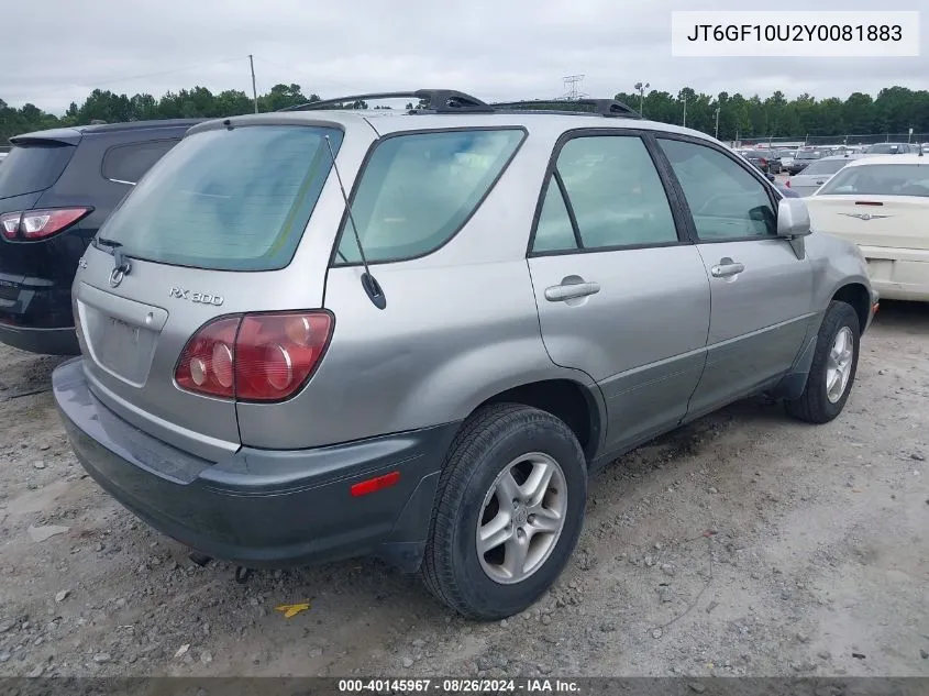 2000 Lexus Rx 300 VIN: JT6GF10U2Y0081883 Lot: 40145967