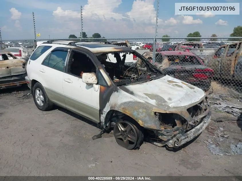 2000 Lexus Rx 300 VIN: JT6GF10U5Y0070196 Lot: 40228589