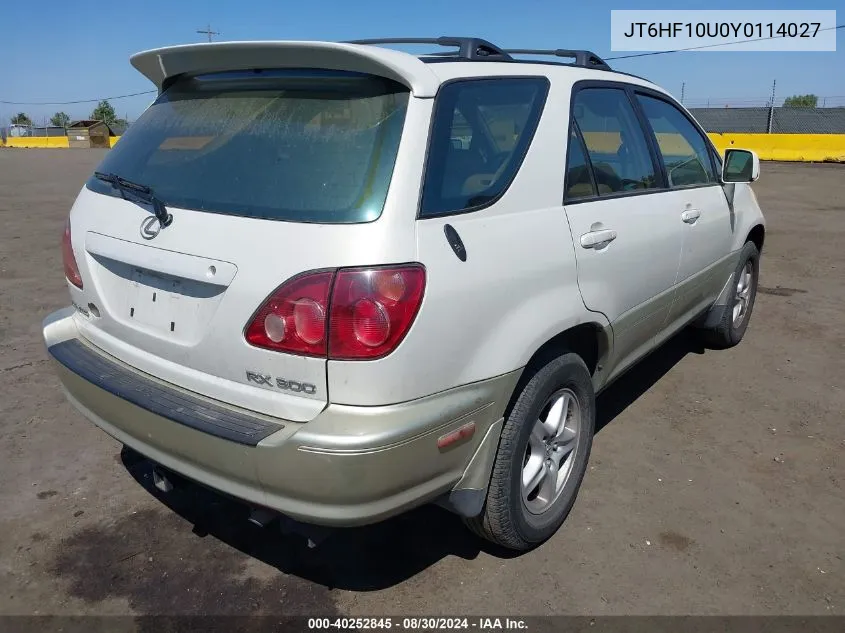 2000 Lexus Rx 300 VIN: JT6HF10U0Y0114027 Lot: 40252845