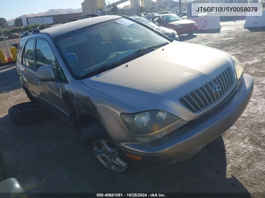 2000 Lexus Rx 300 VIN: JT6GF10U5Y0058078 Lot: 40681051