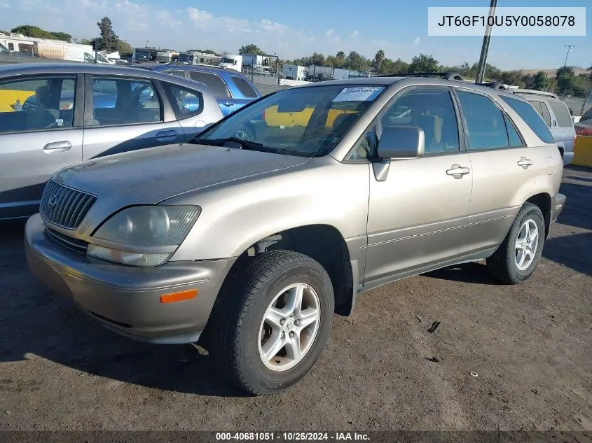 2000 Lexus Rx 300 VIN: JT6GF10U5Y0058078 Lot: 40681051