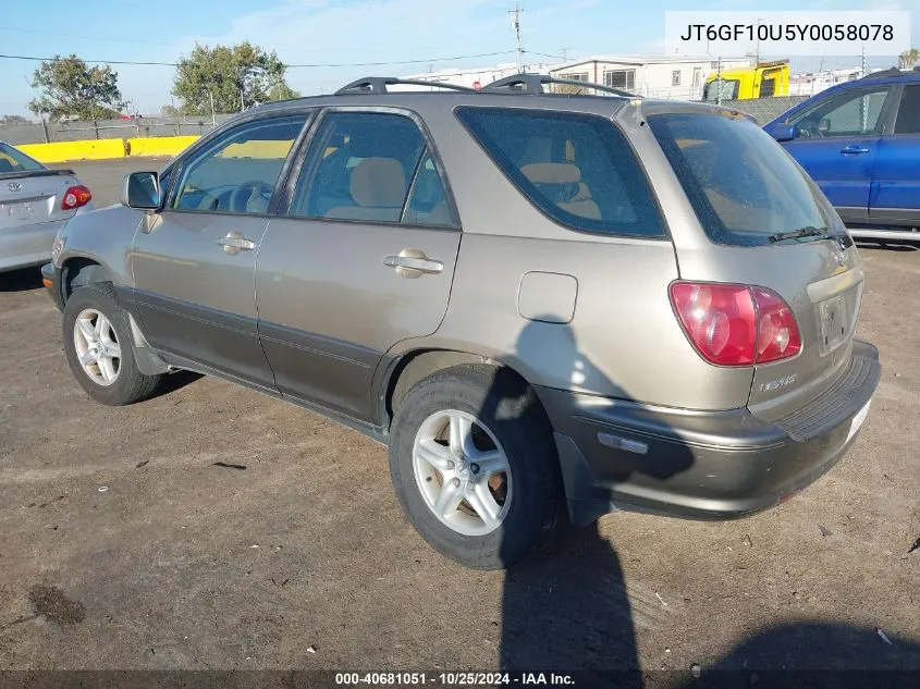 2000 Lexus Rx 300 VIN: JT6GF10U5Y0058078 Lot: 40681051