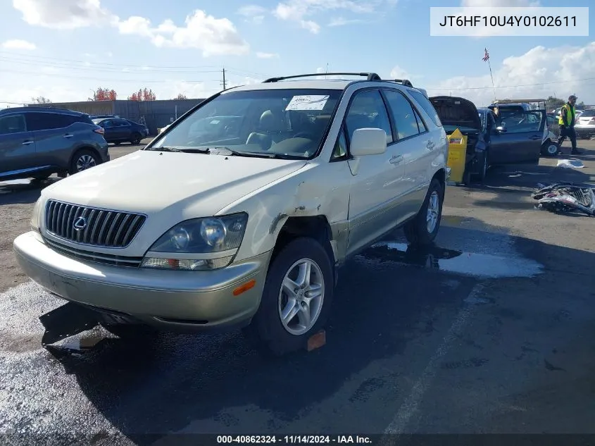 2000 Lexus Rx 300 VIN: JT6HF10U4Y0102611 Lot: 40862324