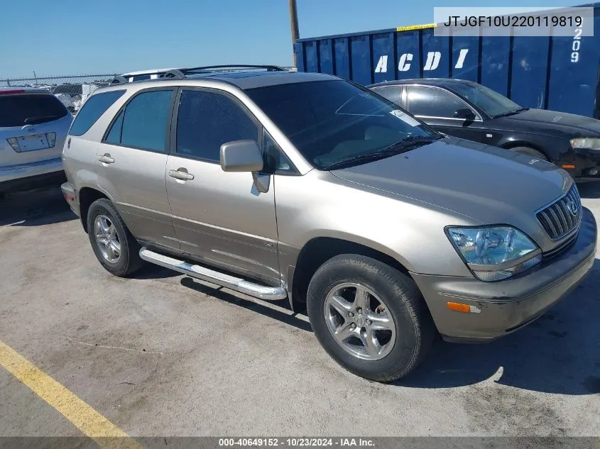 2002 Lexus Rx 300 VIN: JTJGF10U220119819 Lot: 40649152