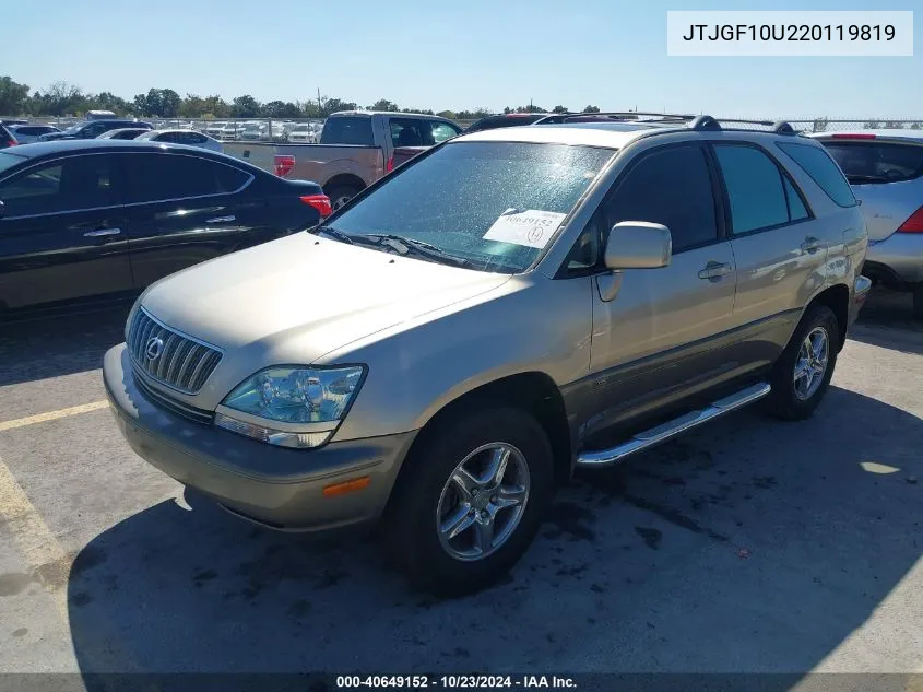 2002 Lexus Rx 300 VIN: JTJGF10U220119819 Lot: 40649152