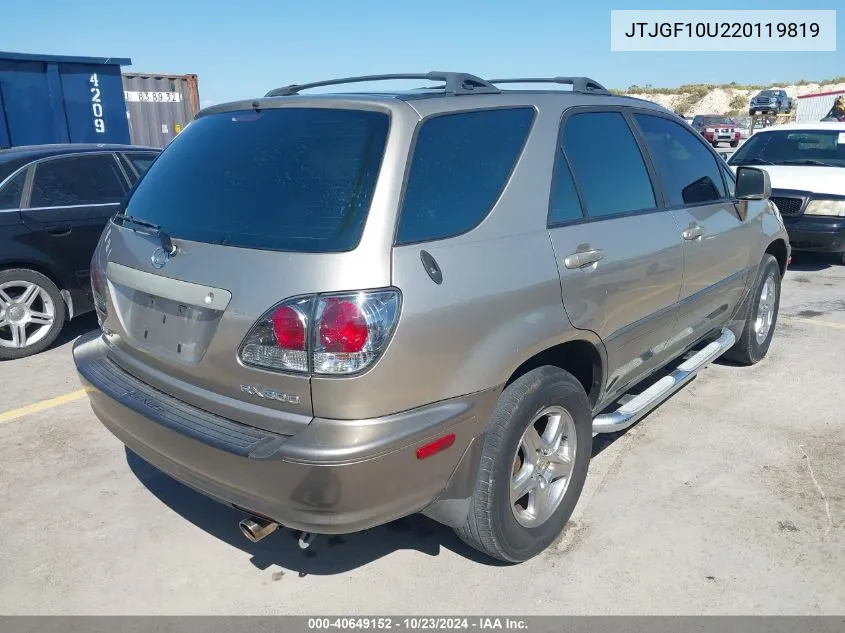 2002 Lexus Rx 300 VIN: JTJGF10U220119819 Lot: 40649152