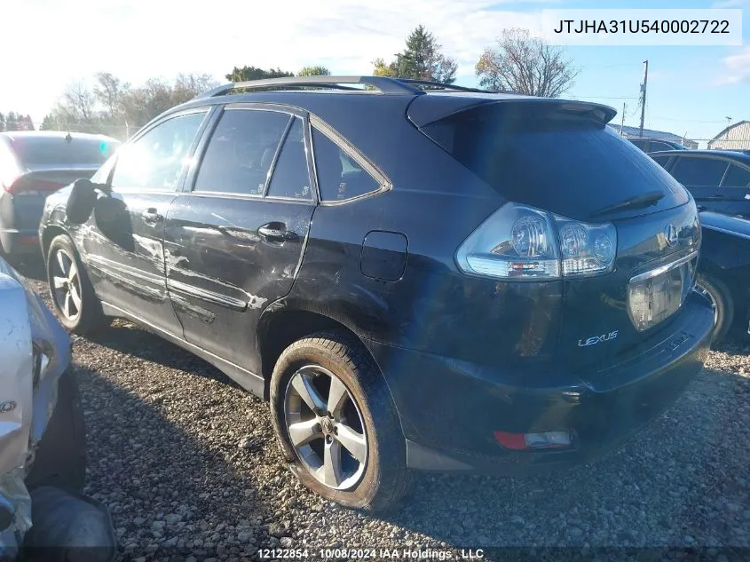 2004 Lexus Rx 330 VIN: JTJHA31U540002722 Lot: 12122854