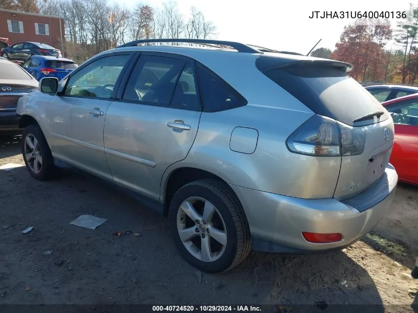 2004 Lexus Rx 330 Base (A5) VIN: JTJHA31U640040136 Lot: 40724520