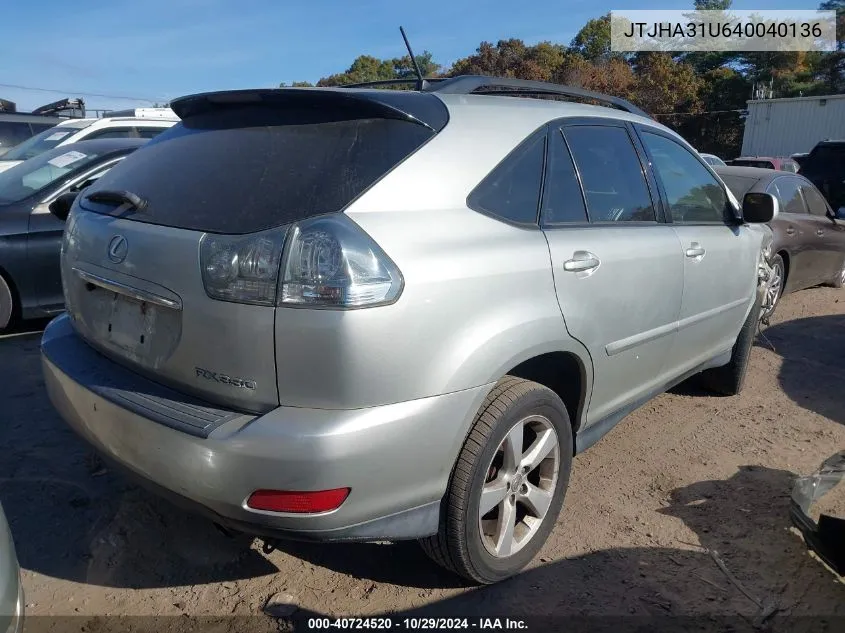 2004 Lexus Rx 330 Base (A5) VIN: JTJHA31U640040136 Lot: 40724520