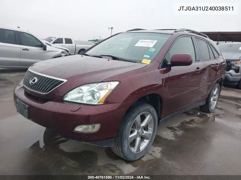 2004 Lexus Rx 330 Base (A5) VIN: JTJGA31U240038511 Lot: 40761598