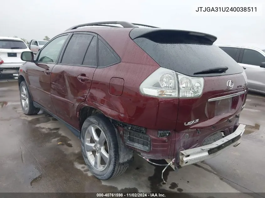 2004 Lexus Rx 330 Base (A5) VIN: JTJGA31U240038511 Lot: 40761598