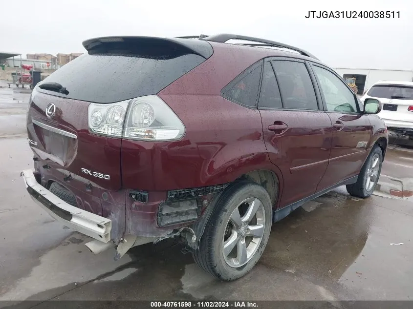 2004 Lexus Rx 330 Base (A5) VIN: JTJGA31U240038511 Lot: 40761598