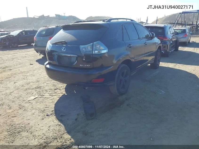 2004 Lexus Rx 330 VIN: JTJHA31U940027171 Lot: 40807099