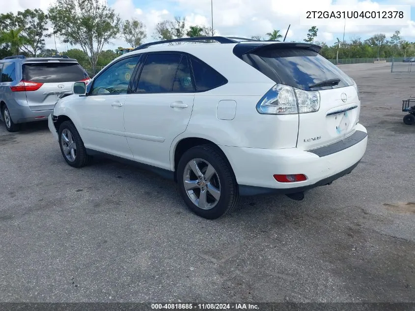 2004 Lexus Rx 330 Base (A5) VIN: 2T2GA31U04C012378 Lot: 40818685