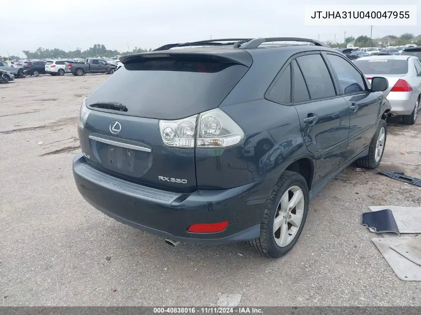 2004 Lexus Rx 330 Base (A5) VIN: JTJHA31U040047955 Lot: 40838016