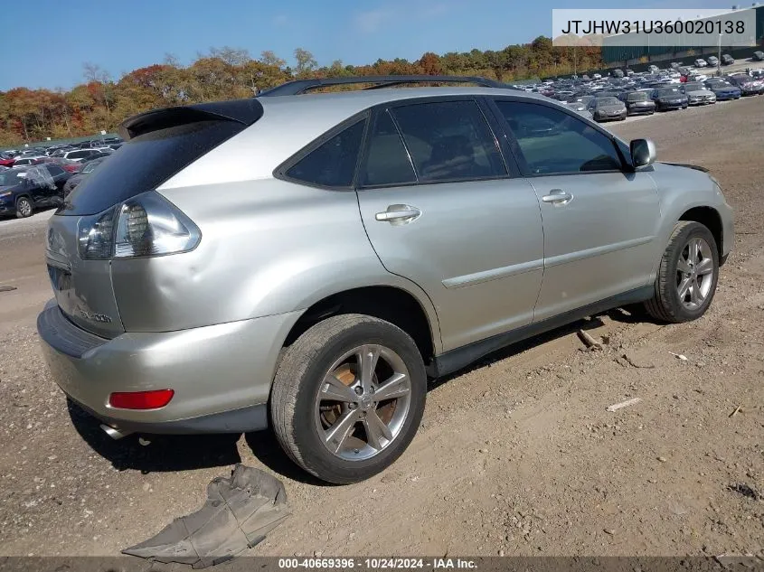 2006 Lexus Rx 400H VIN: JTJHW31U360020138 Lot: 40669396