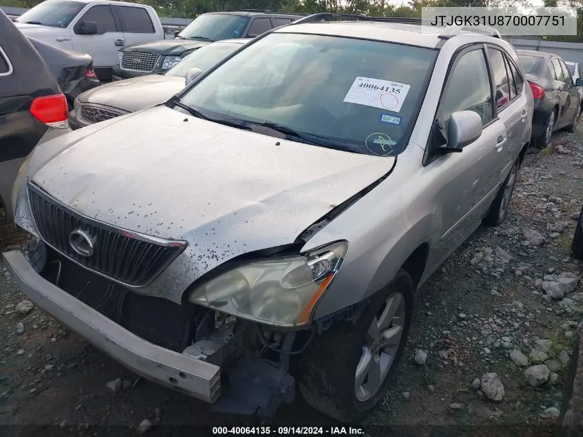 2007 Lexus Rx 350 VIN: JTJGK31U870007751 Lot: 40064135