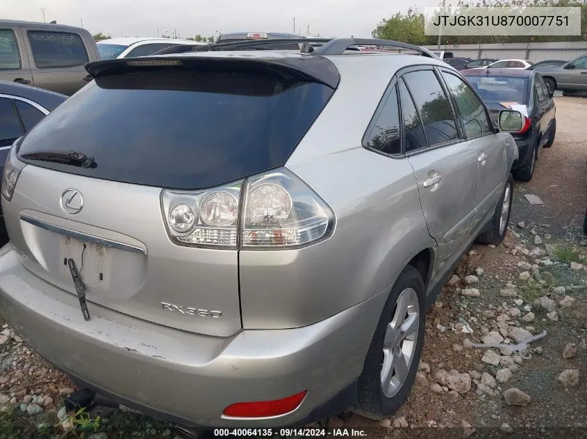 2007 Lexus Rx 350 VIN: JTJGK31U870007751 Lot: 40064135