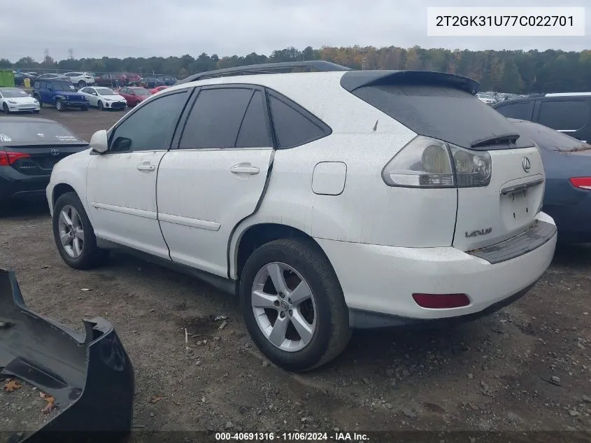 2007 Lexus Rx 350 VIN: 2T2GK31U77C022701 Lot: 40691316