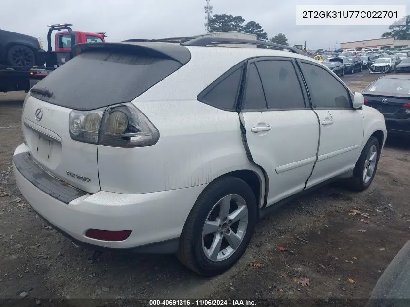 2007 Lexus Rx 350 VIN: 2T2GK31U77C022701 Lot: 40691316